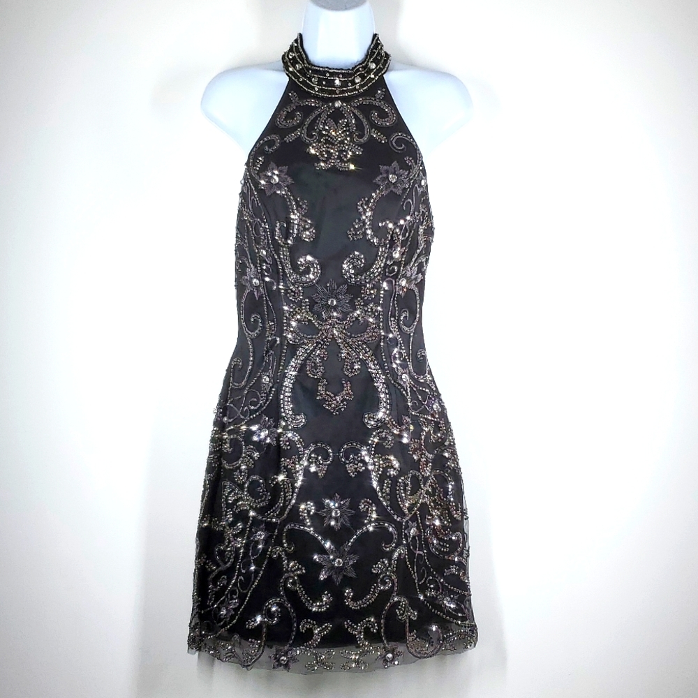Amelia Couture Black Silver Beaded Backless Halter Mini Cocktail Dress Size 8